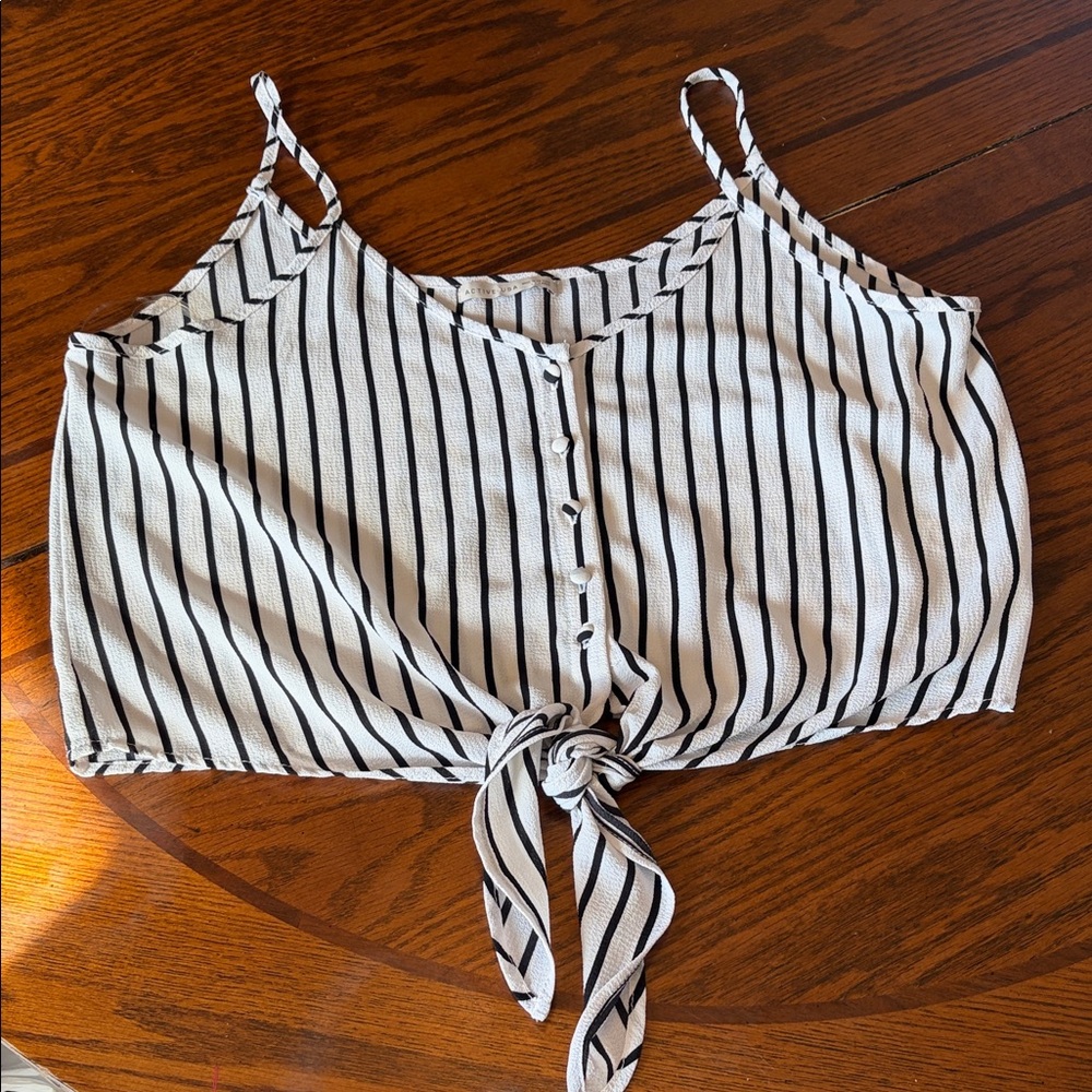 Active USA Black and White Striped Crop Top + SHEIN Black Palazzo Pant outfit